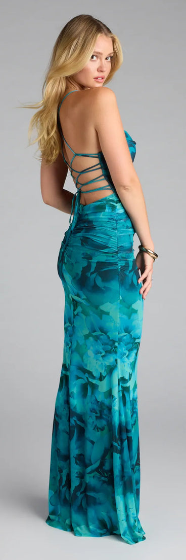 A stunning pick for an engagement photoshoot outfit or autumn wedding guest dress, this fall formal dress showcases the Jayleen Lace-Up Mermaid Floral Formal Dress in blue with a graceful silhouette that captures the moment.