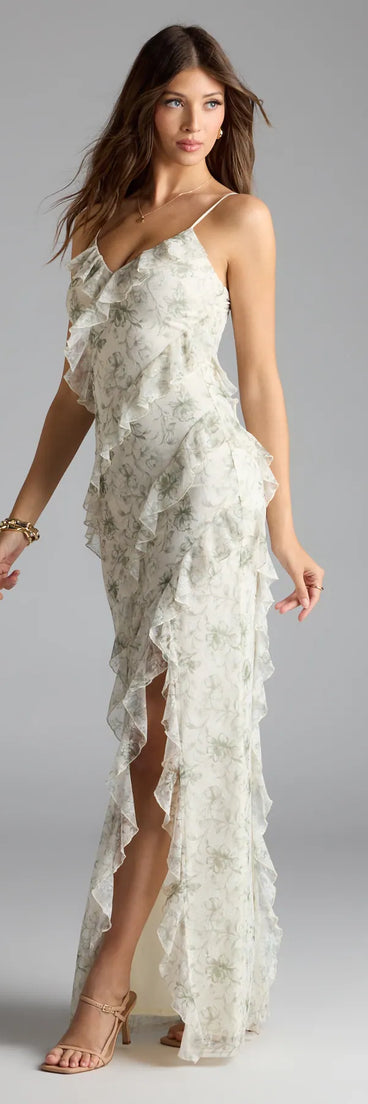 Feel instantly put-together in the Diana V-Neck Mermaid Floral Ruffle Formal Dress in sage green, a summer wedding guest dress designed for confident style and all-out celebration.