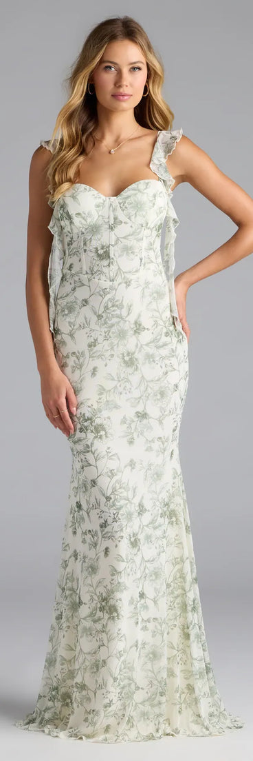 Feel instantly put-together in the Melita Ruffle Mermaid Floral Mesh Formal Dress in sage green, a summer wedding guest dress designed for confident style and all-out celebration.