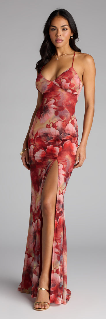 Sloane Floral Mesh High Slit Mermaid Dress
