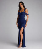 A stunning pick for an engagement photoshoot outfit or autumn wedding guest dress, this fall formal dress showcases the Fay Off The Shoulder Faux Pearl Mermaid Dress in navy blue with a graceful silhouette that captures the moment.