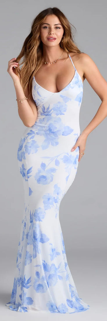 Feel polished and confident in the Pascha Strappy Open Back Mermaid Floral Formal Dress, a blue prom dress designed with luxe fabric and modern detail that shows off your vibe.