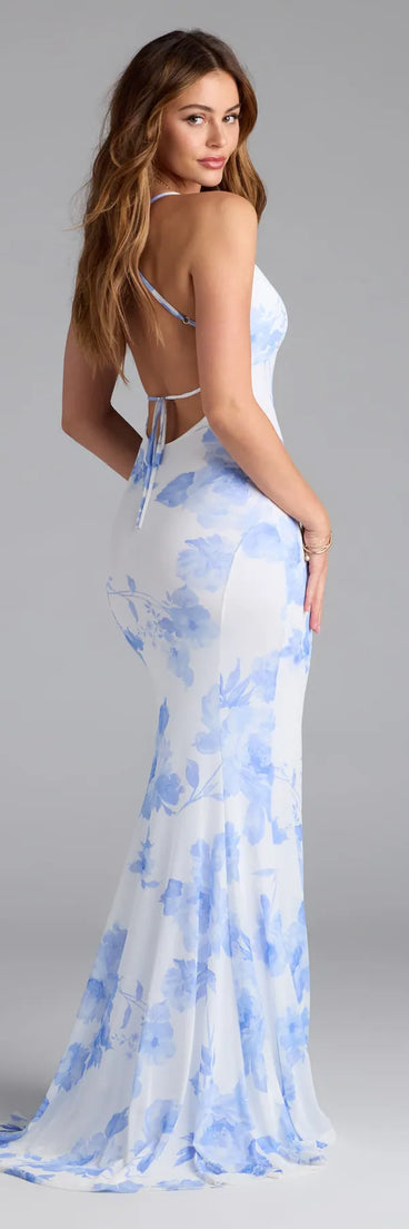 Own the spotlight in the Pascha Strappy Open Back Mermaid Floral Formal Dress, a blue formal dress crafted to deliver luxe style for weddings, Military Balls, or Prom 2026.
