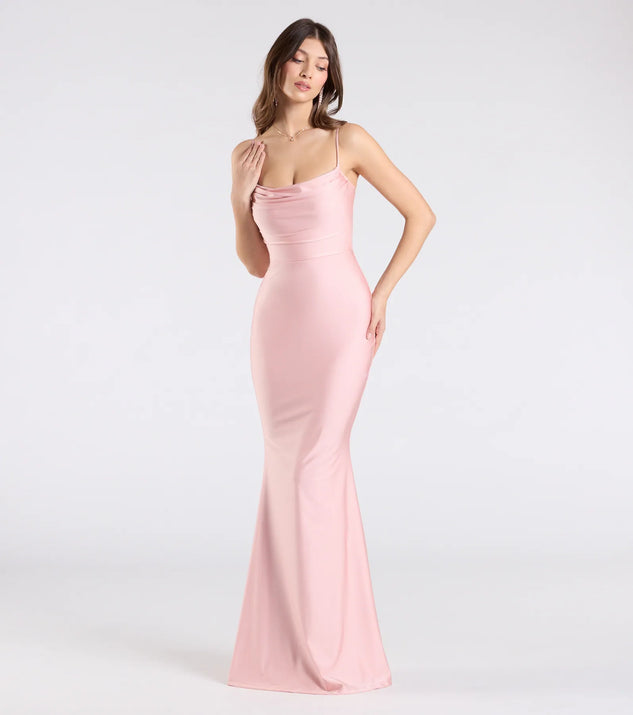 Make a bold statement in the Delia Formal Cowl Neck Long Dress in pink, the perfect spring dress for weddings, cocktail hours, nights out, and/or seasonal celebrations.