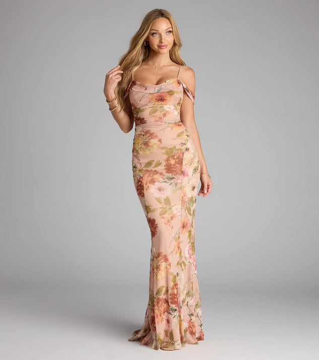 A stunning pick for an engagement photoshoot outfit or autumn wedding guest dress, this fall formal dress showcases the Holly Floral Cold Shoulder Mermaid Formal Dress in taupe with a graceful silhouette that captures the moment.