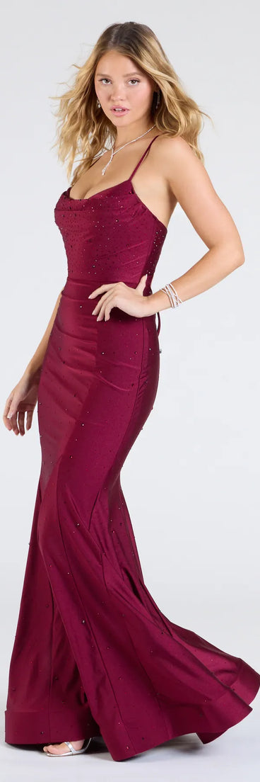 Feel instantly put-together in the Marva Lace-Up Rhinestone Mermaid Formal Dress in wine, a summer wedding guest dress designed for confident style and all-out celebration.
