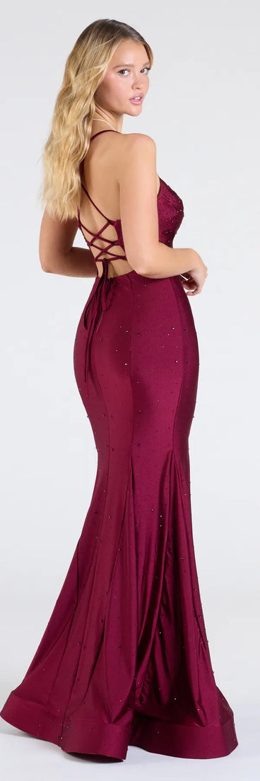 Make a statement in the Marva Lace-Up Rhinestone Mermaid Formal Dress in wine, a bold red prom dress designed to exude confidence, elegance, and a striking prom-night look.