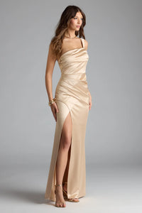 gold satin one shoulder dress Sculpting Satin One-Shoulder Knot Bridesmaid Dress