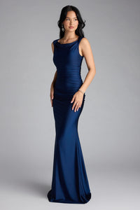 formal boat neck dresses Sleeveless Midnight Navy Long Prom Dress Mid Calf Windsor Blanca Boat Neck Mermaid
