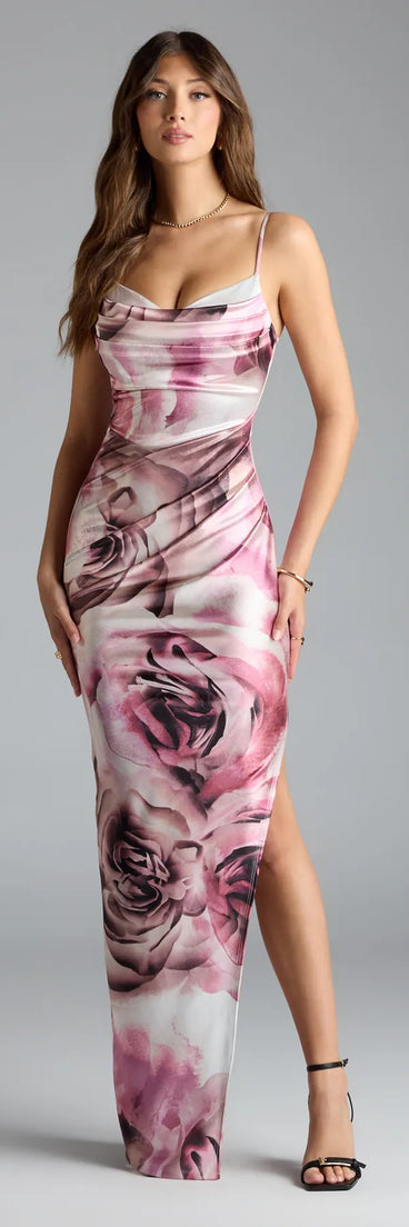 Feel instantly put-together in the Solada Cowl Neck Slit Floral Satin Formal Dress in rose, a stylish wedding guest dress designed for confident style and all-out celebration.