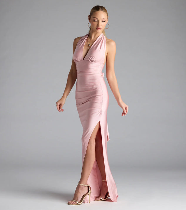 Darla Halter Open Back Bow Slit Formal Dress