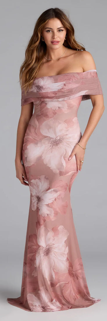 Feel instantly put-together in the Mikayla Off-Shoulder Mermaid Floral Formal Dress in mauve, a stylish wedding guest dress designed for confident style and all-out celebration.