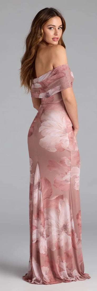 Own the spotlight in the Mikayla Off-Shoulder Mermaid Floral Formal Dress, a mauve formal dress crafted to deliver luxe style for autumn weddings, Military Balls, or any special event.