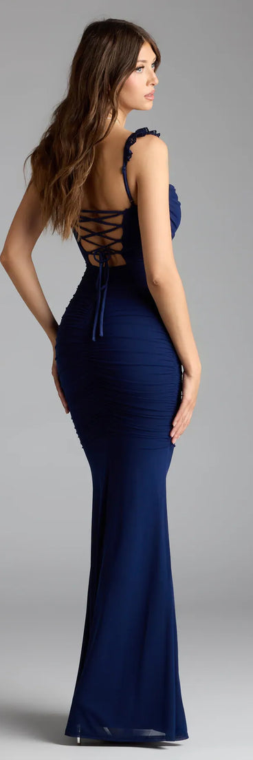 Style your seasonal looks with the Morgana Lace-Up Ruched Mermaid Dress, a trend-right, navy blue fall dress designed for any plan on your calendar with new and unqiue details.