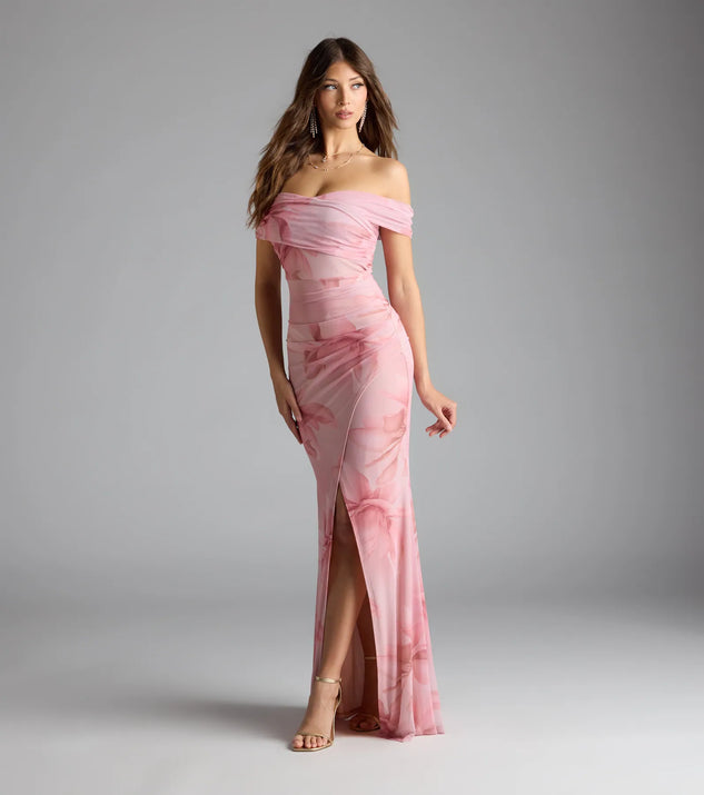 Cornelia Off-The-Shoulder Slit Floral Formal Dress