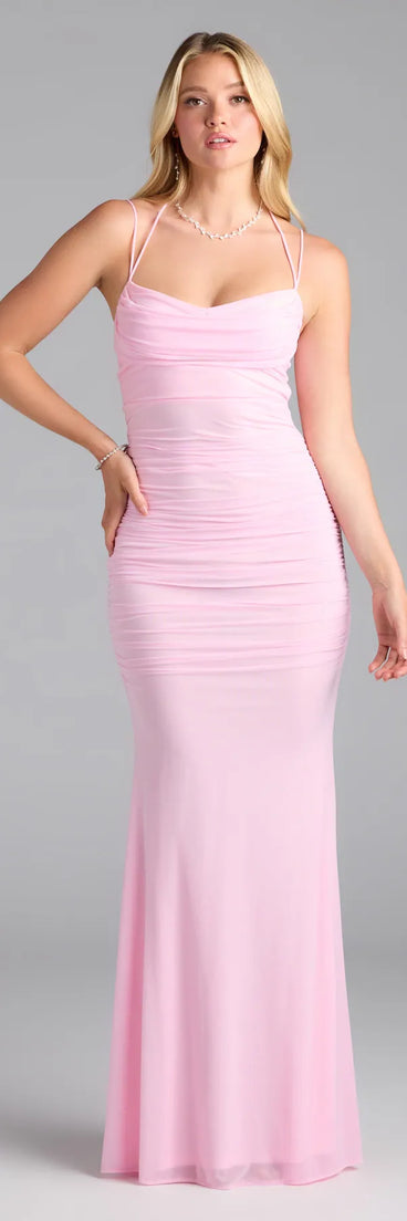 Feel instantly put-together in the Jae Formal Mesh Ruched Mermaid Long Dress in pink, a stylish wedding guest dress designed for confident style and all-out celebration.