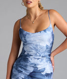 Own the spotlight in the Isa Floral Cowl Neck Slit Formal Dress, a denim blue formal dress crafted to deliver luxe style for summer weddings, Army Balls, or any special event.