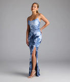 Step into summer looking effortlessly chic in the Isa Floral Cowl Neck Slit Formal Dress in denim blue, a must-have Windsor dress for your warm-weather wardrobe.