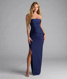 Feel instantly put-together in the Anisley Strapless High Slit Column Formal Dress in navy blue, a summer wedding guest dress designed for confident style and all-out celebration.
