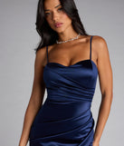 A stunning pick for an engagement photoshoot outfit or autumn wedding guest dress, this fall formal dress showcases the Avery Sweetheart Mermaid Satin Formal Dress in navy blue with a graceful silhouette that captures the moment.