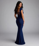 Own the spotlight in the Camren Lace-Up Mermaid Mesh Formal Dress, a navy blue formal dress crafted to deliver luxe style for summer weddings, Army Balls, or any special event.