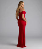 Own the spotlight in the Giada Glitter Knit Off-the-Shoulder Column Dress, a red formal dress crafted to deliver luxe style for summer weddings, Army Balls, or any special event.