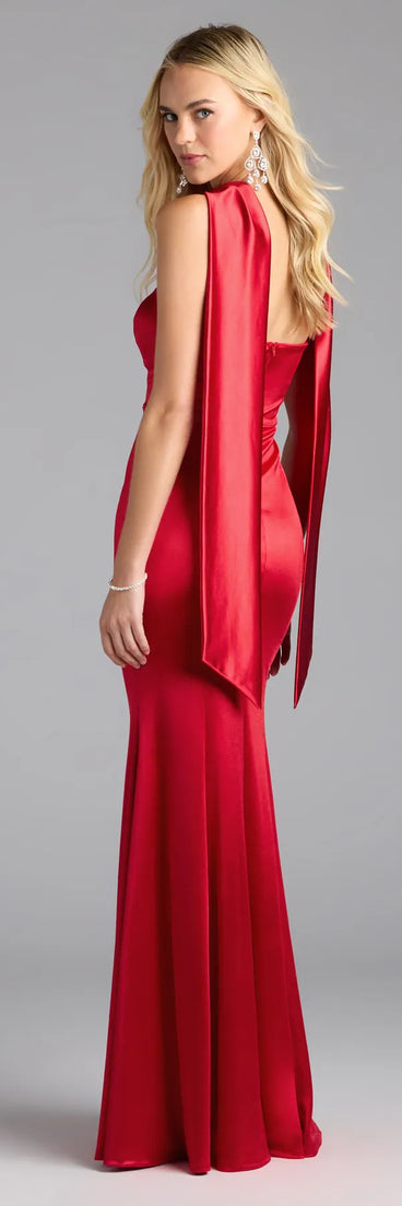 Own the spotlight in the Santana Strapless Scarf Mermaid Satin Formal Dress, a red formal dress crafted to deliver luxe style for autumn weddings, Military Balls, or any special event.