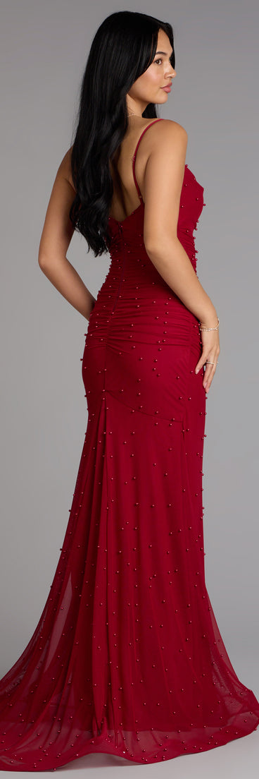 Adrianna Faux Pearl Mermaid Formal Dress in Red | Size: M | Mesh Fabric | Windsor Adrianna Faux Pearl Mermaid Formal Dress in Red | Size: M | Mesh Fabric | Windsor