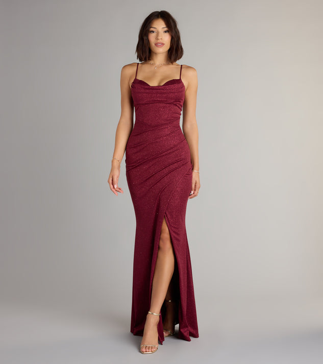 Johanna Cowl Neck Slit Glitter Formal Dress | Windsor