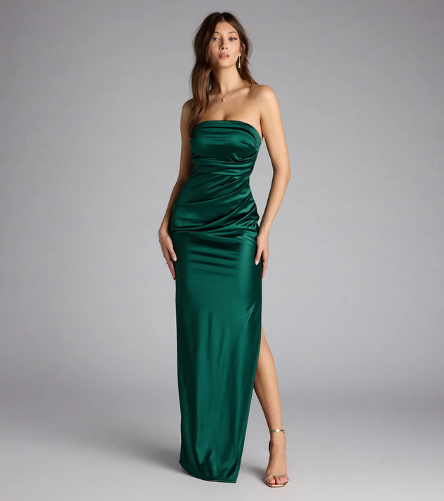 Brianna Satin Strapless High Slit Column Dress