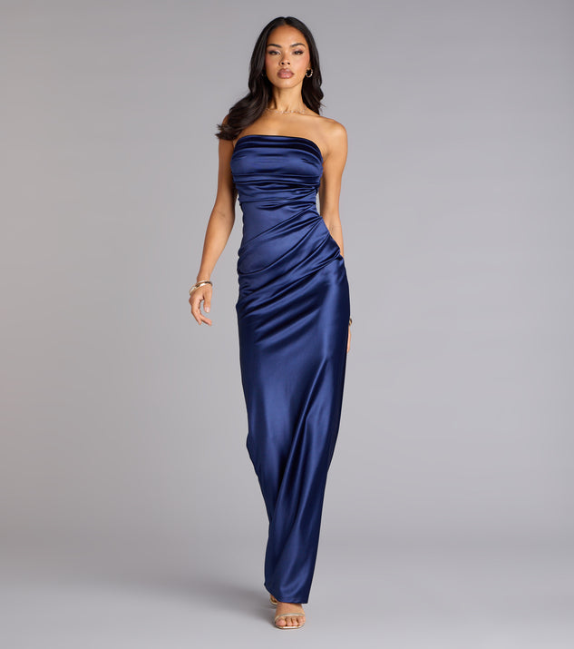 The Brianna Satin Strapless High Slit Column Dress is your new go-to Windsor dress—effortless, versatile, and made to update your fall style in seconds.