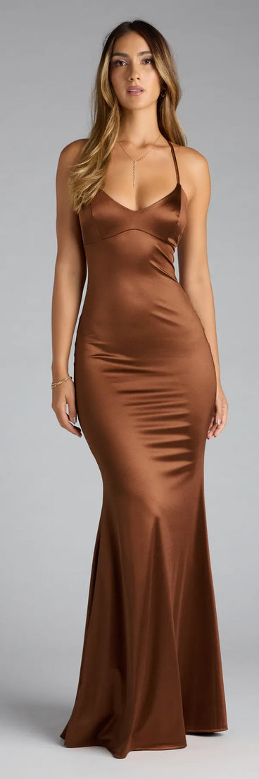 The Emmie Lace-Up Mermaid Satin Formal Dress is your new go-to brown dress—effortless, versatile, and made to update your fall style in seconds.