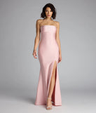 A stunning pick for an engagement photoshoot outfit or autumn wedding guest dress, this fall formal dress showcases the Cheryl Strapless Slit Mermaid Formal Dress in pink with a graceful silhouette that captures the moment.