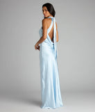 A stunning pick for an engagement photoshoot outfit or autumn wedding guest dress, this fall formal dress showcases the Andie Halter Open Back Slit Satin Formal Dress in light blue with a graceful silhouette that captures the moment.