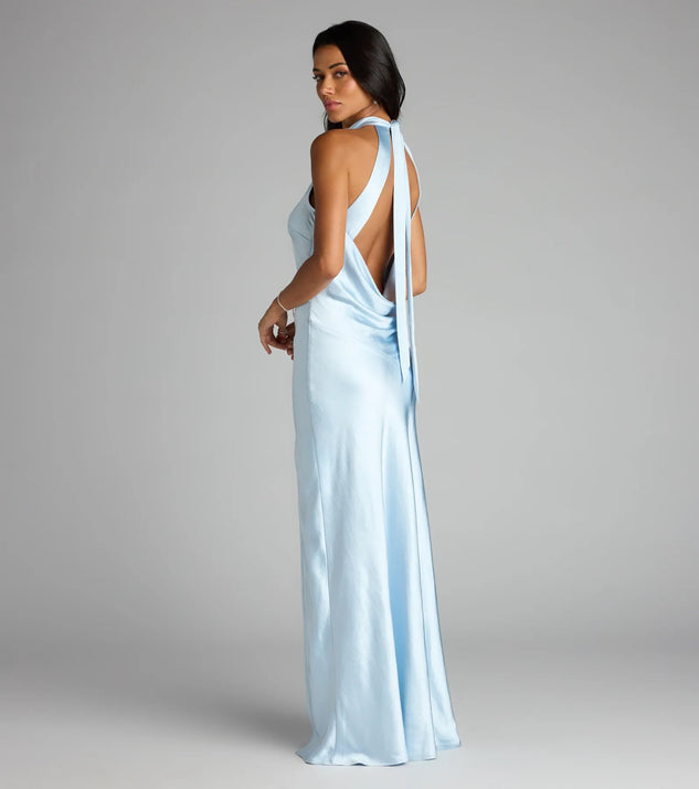 A stunning pick for an engagement photoshoot outfit or autumn wedding guest dress, this fall formal dress showcases the Andie Halter Open Back Slit Satin Formal Dress in light blue with a graceful silhouette that captures the moment.