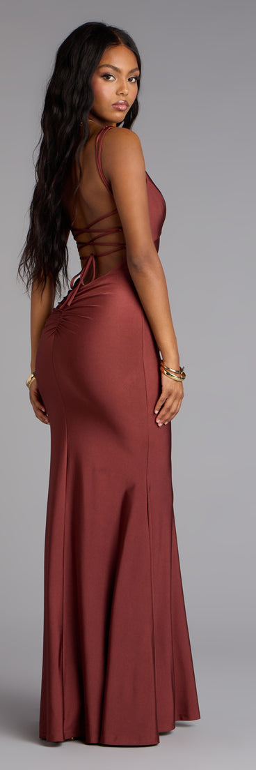 Gabriella Lace-Up Mermaid Formal Dress in Brown | Size: L | Knit Fabric | Windsor Gabriella Lace-Up Mermaid Formal Dress in Brown | Size: L | Knit Fabric | Windsor