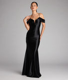 A stunning pick for an engagement photoshoot outfit or autumn wedding guest dress, this fall formal dress showcases the Jelene Cold-Shoulder Mermaid Satin Formal Dress in black with a graceful silhouette that captures the moment.
