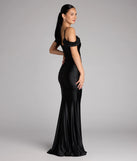 A stunning pick for an engagement photoshoot outfit or autumn wedding guest dress, this fall formal dress showcases the Jelene Cold-Shoulder Mermaid Satin Formal Dress in black with a graceful silhouette that captures the moment.