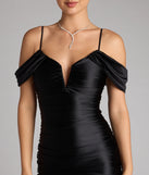 A stunning pick for an engagement photoshoot outfit or autumn wedding guest dress, this fall formal dress showcases the Jelene Cold-Shoulder Mermaid Satin Formal Dress in black with a graceful silhouette that captures the moment.