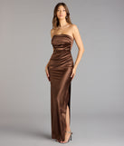 Brianna Satin Strapless High Slit Column Dress
