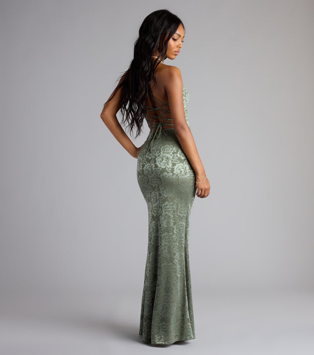 kehlani formal floral lace slit mermaid dress Women's Gabriela Pleated Puffy Sleeved Lace Midi Dress S/M/L/Customize Black MEAN BLVD up back that turns heads and a ruched mermaid silhouette that highlights your curves Lani Lace-Up Slit Mermaid Sequin