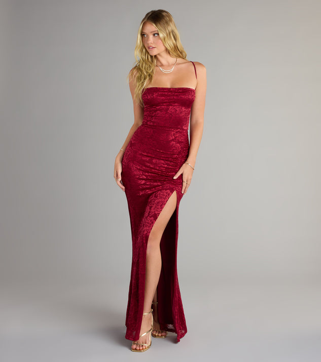 kehlani formal floral lace slit mermaid dress Windsor up back that turns heads and a ruched mermaid silhouette that highlights your curves kehlani formal floral lace slit