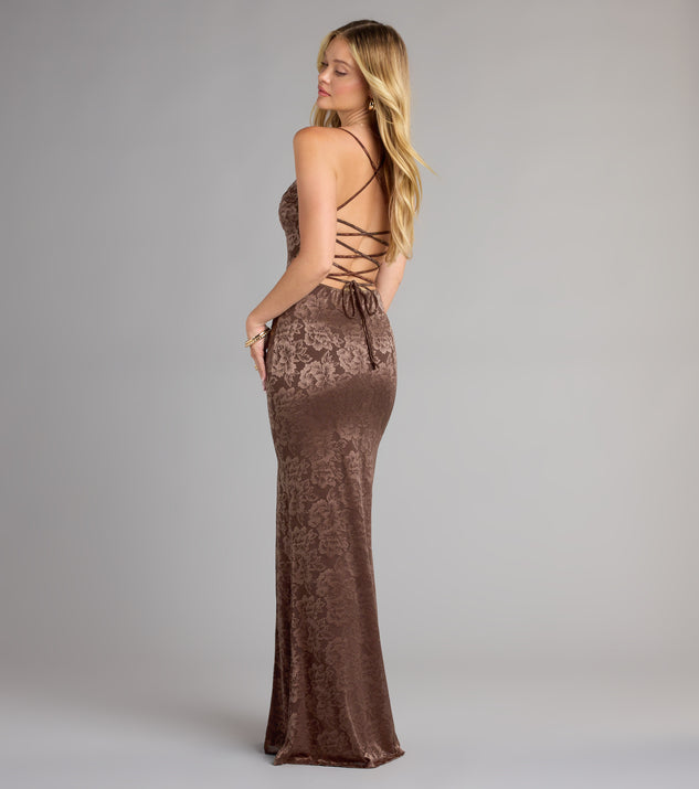 kehlani formal floral lace slit mermaid dress in Brown | Size: XS | Knit Fabric/Mesh Fabric/Mesh Fabric prombay prom dresses BABARONI Step into a season Model Nataly Size:18mo
