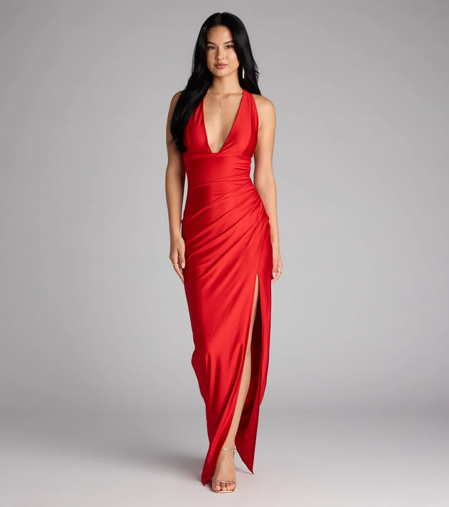 A stunning pick for an engagement photoshoot outfit or autumn wedding guest dress, this fall formal dress showcases the Jenn V-Neck Strappy Back Slit Long Formal Dress in red with a graceful silhouette that captures the moment.