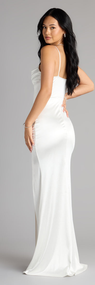 Style your seasonal looks with the Jazmine Cowl Neck Slit A-Line Satin Formal Dress, with new and unqiue details exclusive to Windsor's Prom Dress edit.