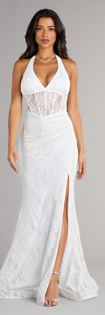 The Cadie Halter Corset Slit Lace Formal Dress is your new go-to Windsor dress—effortless, versatile, and made to update your fall style in seconds.