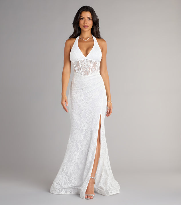 Style your seasonal looks with the Cadie Halter Corset Slit Lace Formal Dress, a trend-right, fall dress designed for any plan on your calendar with new and unqiue details.