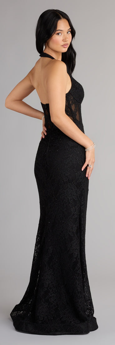 Style your seasonal looks with the Cadie Halter Corset Slit Lace Formal Dress, a trend-right, fall dress designed for any plan on your calendar with new and unqiue details.