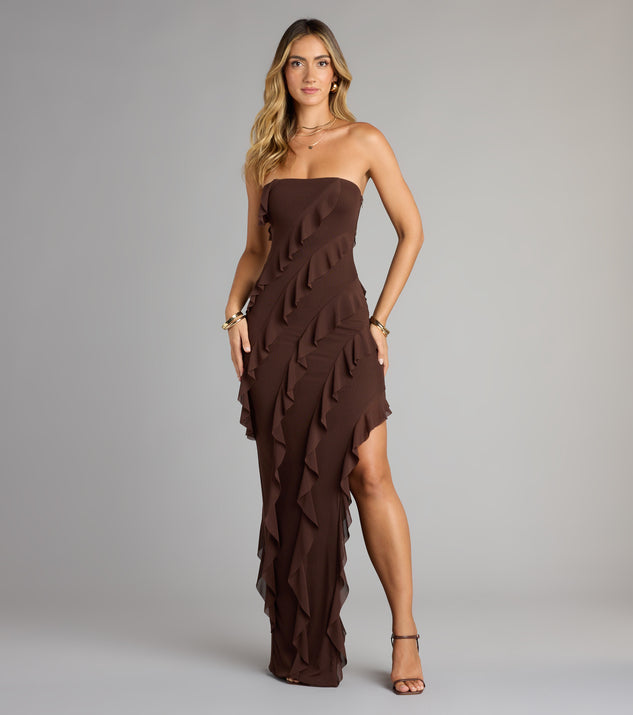 gabby formal mesh strapless ruffle long dress Gabby Formal Mesh Strapless Ruffle Long Dress