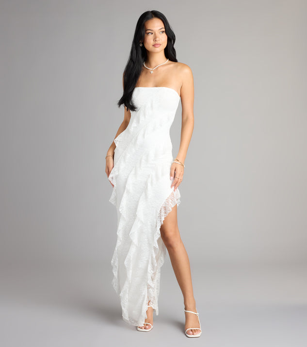 Ellie Ruffled Lace High Slit Formal Dress in Light Blue | Size: L | Lace Fabric/Knit Fabric | Windsor Ellie Ruffled Lace High Slit Formal Dress in Light Blue | Size: L | Lace Fabric/Knit Fabric | Windsor